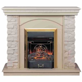 Электрокамин RealFlame Elford WT белый дуб с очагом Majestic Lux Brass