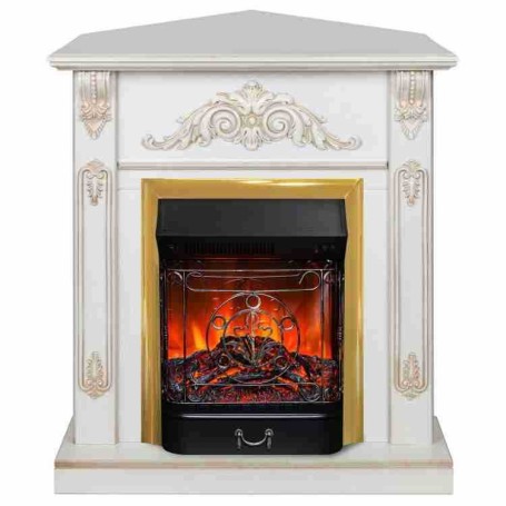 Электрокамин RealFlame Anita Corner WT дуб белый с золотой патиной с очагом Majestic Lux Brass