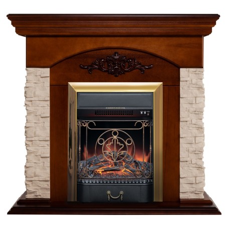 Электрокамин RealFlame Neapolis NT орех с очагом Majestic Lux Brass