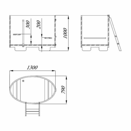 Купель Blumenberg из камбалы 130 х 79 комплектация 5 (бк+стальной обруч, 3 доп спупени) (чертеж 130/5)