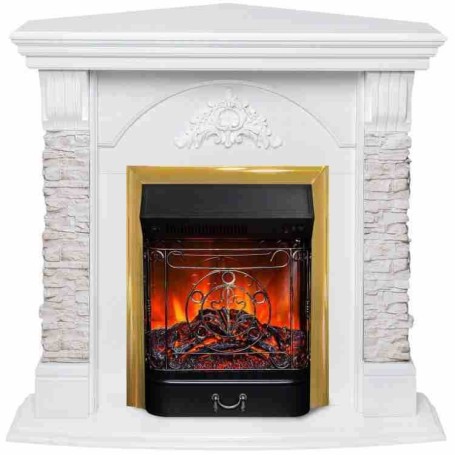 Электрокамин RealFlame Athena Corner GR белый с очагом Majestic Lux Brass